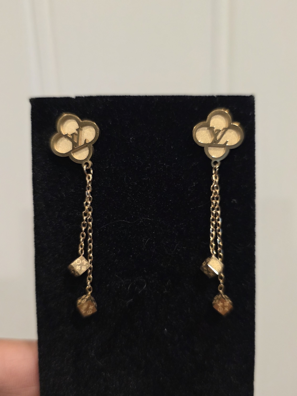 Gold Floral Drop Earrings with Chain and Cube Charms
